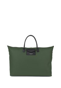 Green fabric tote bag with black leather accents, structured shape, dual handles, and a black patch with logo detail on the front.