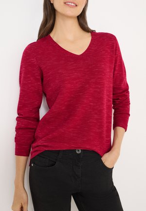 T-shirt rouge à manches longues et décolleté en V avec une finition texturée légèrement chinée. Associé à un pantalon noir, il présente une coupe décontractée.