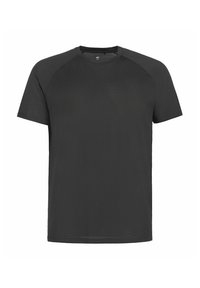Camiseta negra de manga corta con cuello redondo, hecha de una tela suave. Presenta mangas raglán y una textura de malla en los hombros.