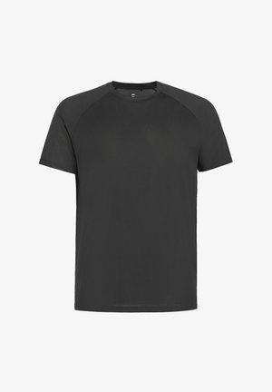 Sort kortærmet t-shirt med rund hals, lavet af glat stof. Har raglanærmer og en mesh-struktur på skuldrene.