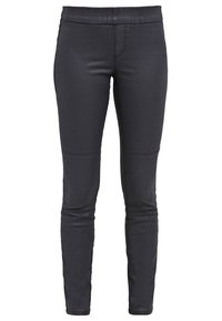 Pantaloni neri in ecopelle con cintura elastica, design aderente e cuciture minimaliste. Texture elegante con una leggera lucentezza.
