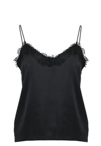 Camisón de satén negro con encaje en el escote y bordes, con tirantes ajustables y un corte holgado.