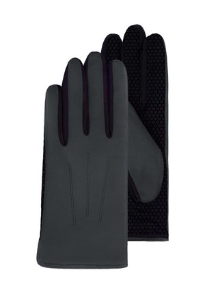 Ein Paar schwarze Handschuhe mit einer glatten Lederfront und einem hexagonal gemusterten Stoffrücken, der die Nähdetails an den Fingern und der Handfläche zeigt.