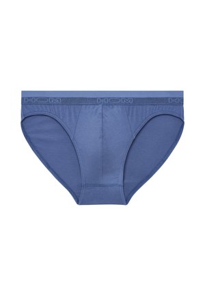 Blue men's briefs made of soft, stretchy fabric. Features a solid color, elastic waistband with "HOM" logo, and a contoured front design.
