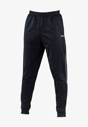 Pantalon de sport noir avec taille et poignets élastiques, comportant un petit logo blanc sur la cuisse droite et une coupe slim.