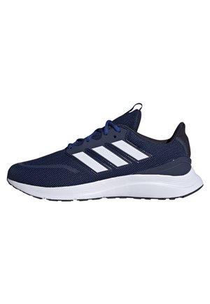 Marineblauer Laufschuh mit weißer Sohle und drei weißen Adidas-Streifen an der Seite, Mesh-Obermaterial und Schnürverschluss.