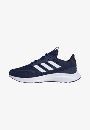 Chaussure de course bleu marine avec semelle blanche et trois bandes blanches Adidas sur le côté, dessus en mesh et fermeture à lacets.