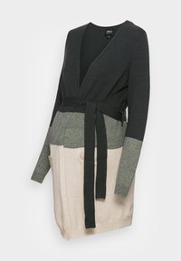 Raskaushupullinen neuletakki tummanvihreänä, vaaleanharmaana ja beigenä. Pehmeä neulottu materiaali, jossa kiinnitysnauha ja kaksi etutaskua. Pitkät hihat, V-pääntie.