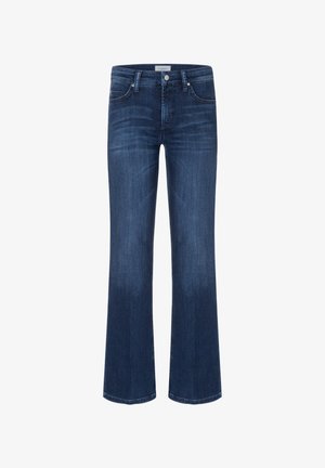 Jean en denim bleu foncé avec légère décoloration sur les cuisses, fermeture à boutons et zip devant, coupe droite.
