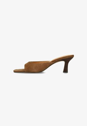 Brown suede open-toe mule with a mid-height curved wooden block heel and a slip-on design.