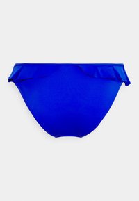 Parte inferior de biquíni azul com um acabamento franzido na cintura. Feita de um material liso e elástico, apresenta um corte clássico e um design em cor sólida.