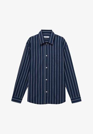 Navy blue long-sleeve shirt with white vertical stripes, button-up front, and a single chest pocket. Made of a smooth fabric.
