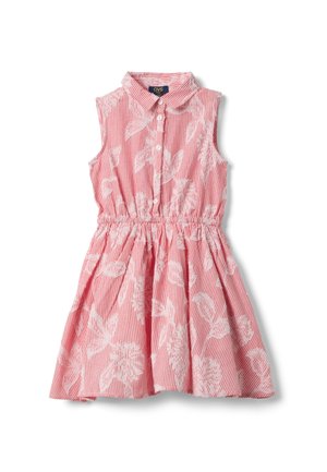 Vestido sin mangas rosa con patrones florales blancos, botonadura frontal, cintura elástica y cuello camisero, diseñado para niños.