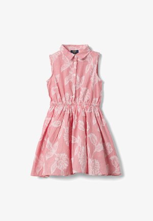 Vestido sin mangas rosa con patrones florales blancos, botonadura frontal, cintura elástica y cuello camisero, diseñado para niños.