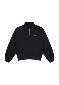 Pull noir avec col zippé, manches longues, ourlet et poignets élastiqués, arborant un petit logo blanc sur le côté gauche.