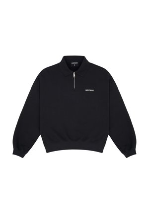 Black pullover with a zip collar, long sleeves, elasticated hem and cuffs, featuring a small white logo on the left side.
