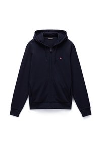 Felpa con cappuccio e zip blu navy in misto cotone con interno morbido. Presenta un cappuccio con coulisse, polsini a costine e un piccolo logo sul petto.