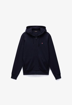 Navy zip-up hoodie in cotton blend with a soft interior. Features a drawstring hood, ribbed cuffs, and a small logo on the chest.