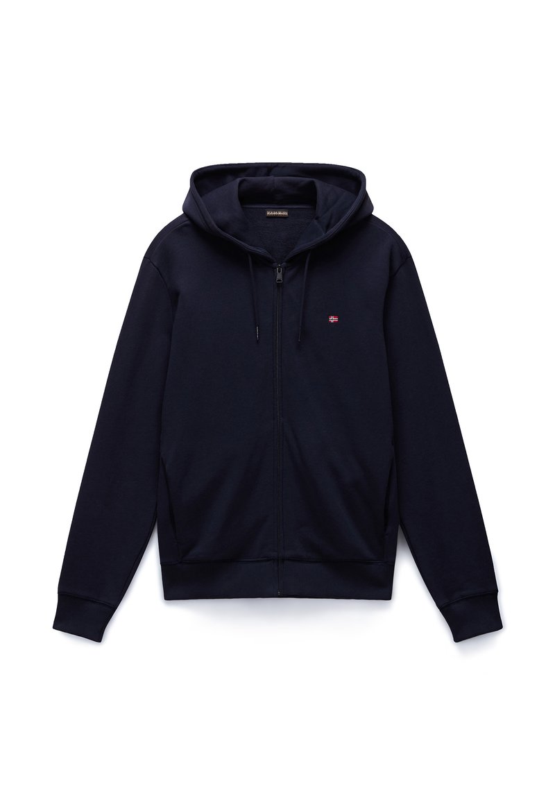 Felpa con cappuccio e zip blu navy in misto cotone con interno morbido. Presenta un cappuccio con coulisse, polsini a costine e un piccolo logo sul petto.