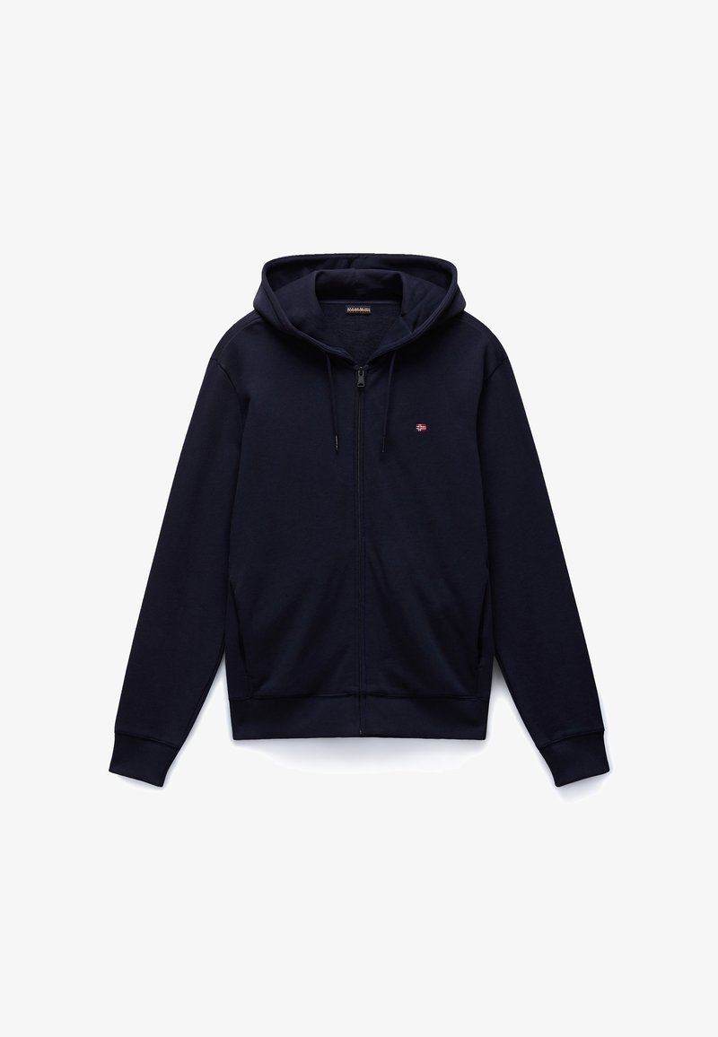 Felpa con cappuccio e zip blu navy in misto cotone con interno morbido. Presenta un cappuccio con coulisse, polsini a costine e un piccolo logo sul petto.