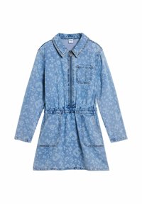 Denimkleit heled sinise värviga, kraega kaelus, esiküljel lukuga, elastne vöökoht ja kergelt mustrit täis tähed ja numbrid.