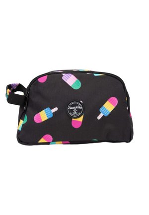 Pochette noire zippée avec un motif coloré de sucettes glacées et un patch logo rond à l'avant, dotée d'une sangle de poignée latérale.