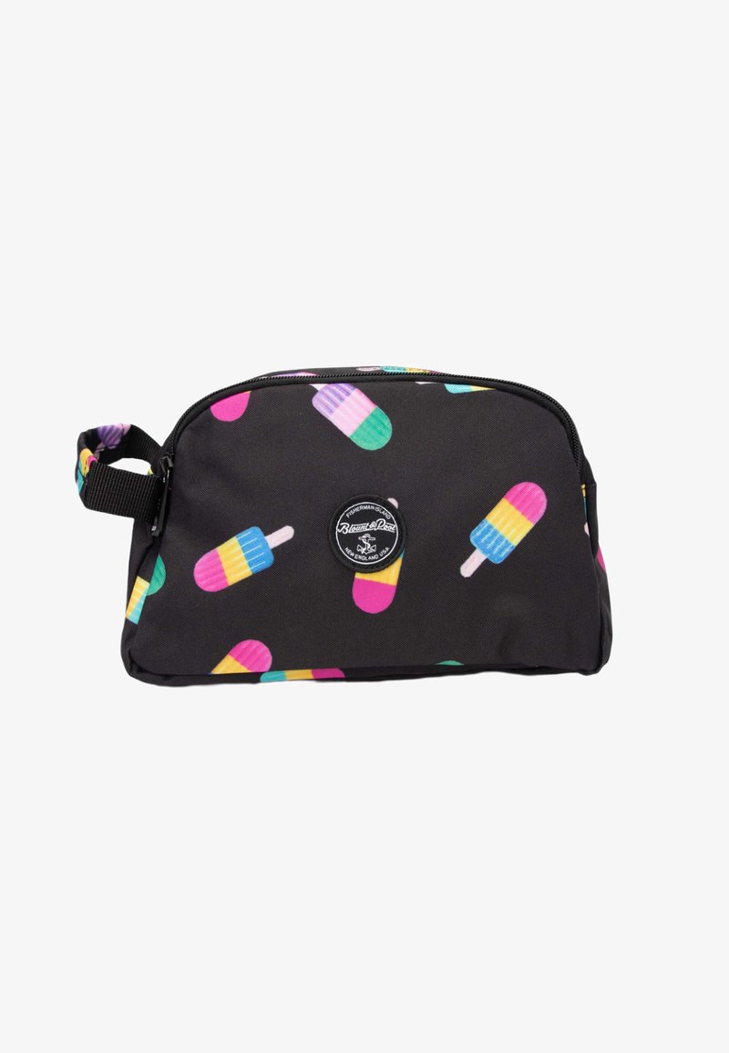 Bolsa negra con cremallera y patrón de paletas de colores, con un parche de logo redondo en el frente y una correa de asa lateral.