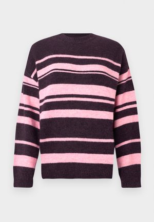Striped sweater in dark purple and soft pink, featuring wide horizontal stripes, round neckline, and ribbed cuffs. Made of textured knit material.