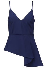 Marinblå ärmlös topp med V-ringning och asymmetrisk nederkant. Tillverkad av ett slätt tyg, med tunna axelremmar och en figursydd livstycke.