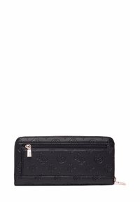 Portafoglio in pelle nera con motivi embossati e un compartimento con zip. Forma rettangolare sottile con una texture liscia e hardware argentato.