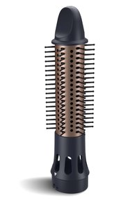 Brosse à cheveux ronde avec un baril de couleur cuivre, des poils noirs et un manche texturé noir. Présente un design ventilé pour une distribution de la chaleur.