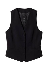Gilet noir sans manches cintré avec col en V, quatre boutons sur le devant et deux poches horizontales fendues, présenté sur fond blanc.