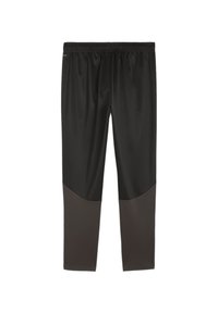 Schwarze Sporthosen mit glatter Textur, elastischem Bund und grauen Einsätzen an den Unterschenkeln. Entworfen für Komfort und Flexibilität.