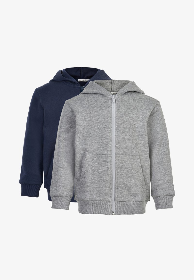 Two hooded sweatshirts: one in navy blue and one in light grey. Both feature full-length zippers, ribbed cuffs, and side pockets.