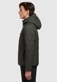 Dark green puffer jacket featuring a hexagonal quilted pattern, hood, zip closure, and side pockets; made from synthetic, water-resistant material.