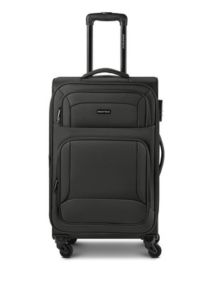 Valise souple noire avec poignée télescopique, poches avant zippées, quatre roues pivotantes et une poignée latérale.