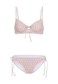 Σετ μπικίνι σε παστέλ χρώμα τα με κυκλικό σχέδιο. Διαθέτει ρυθμιζόμενους ιμάντες και δεσίματα στα πλάγια του κάτω μέρους για προσαρμοσμένη εφαρμογή.