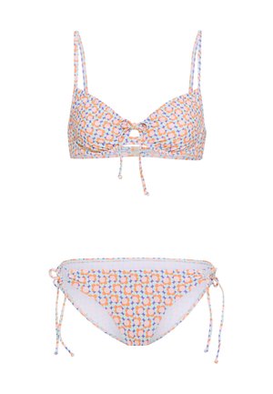 Bikinisæt i pastelfarver med et cirkulært mønster. Har justerbare stropper og bindebånd i siderne på trussen for en tilpasset pasform.