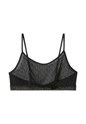 Bralette negro de Calvin Klein con tejido de malla translúcida, tirantes finos ajustables y banda elástica con marca en la parte inferior.
