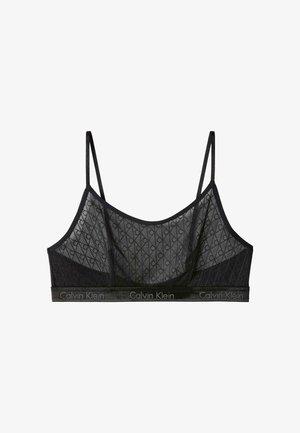 Bralette negro de Calvin Klein con tejido de malla translúcida, tirantes finos ajustables y banda elástica con marca en la parte inferior.