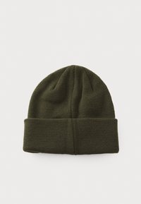 Green knitted beanie hat with a cuffed brim, featuring a smooth texture and seamless top, suitable for cold weather.