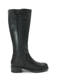 Stivale nero fino al ginocchio realizzato in pelle liscia con zip laterale, punta rotonda e tacco basso a blocco. Dettaglio di cucitura testurizzata alla parte superiore.