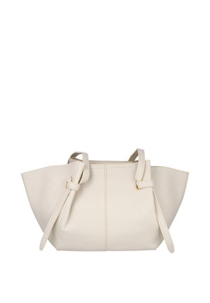 Bolso de mano de cuero color crema con asas dobles y correas laterales ajustables, con una superficie ligeramente texturizada y una forma estructurada y amplia.