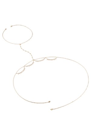 Chaîne de corps délicate en or avec de petites perles suspendues, équipée d'un fermoir réglable et de boucles connectées, conçue pour être portée en décoration autour du cou et du torse.