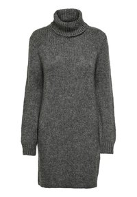 Abito maglione grigio a colletto alto, con maniche lunghe e vestibilità comoda. Presenta un tessuto testurizzato e polsini e colletto a coste.