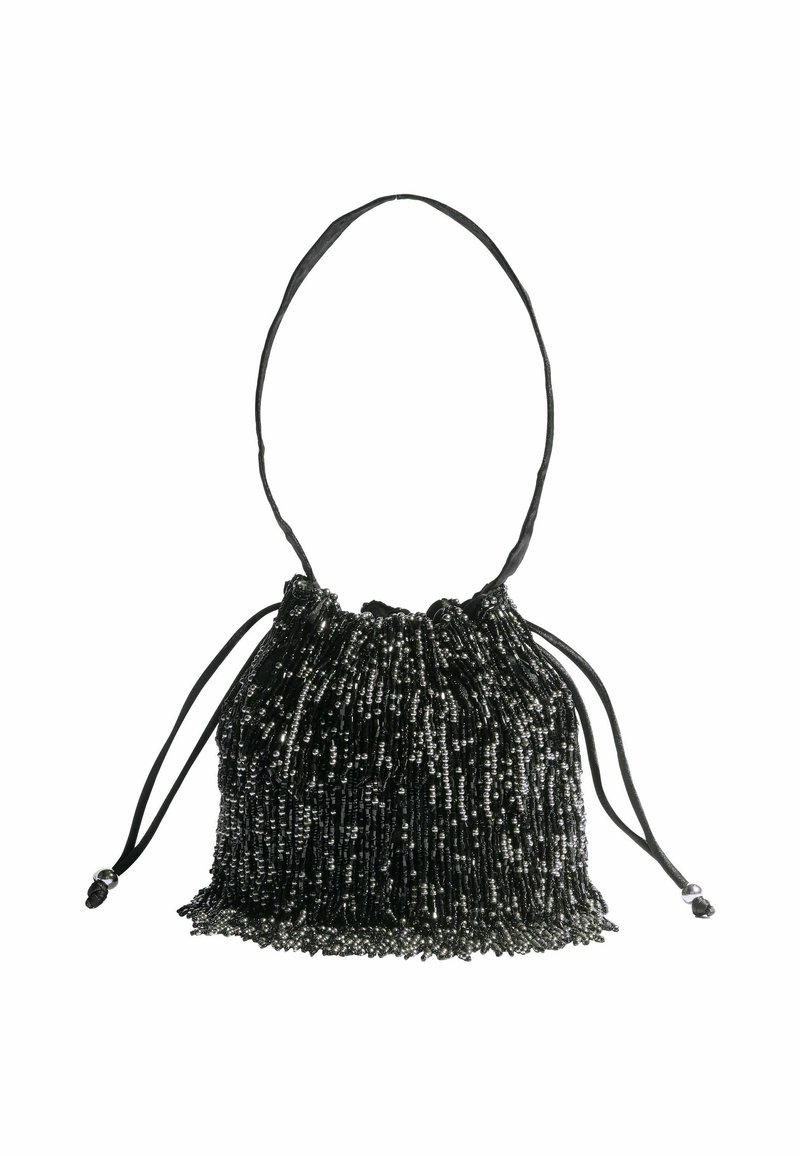 Mustavihreä helmi-pussukka, jossa on kerroksellinen rakenne, pitkät tupsut ja ohut kantohihna. Tyylikäs ja kevyt muotoilu.