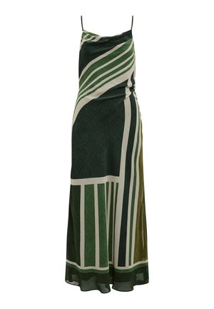 Μακρύ πράσινο φόρεμα με λεπτές τιράντες, με αφηρημένες λευκές και ελαιώδεις γεωμετρικές ρίγες και αέρινη σιλουέτα.