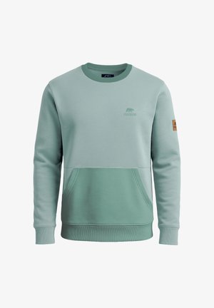 Felpa verde menta con scollo rotondo, polsini a coste, tasca a marsupio frontale e un piccolo logo sul petto e sulla manica.