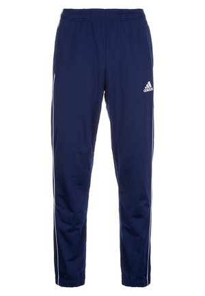 Granatowe spodnie dresowe Adidas z elastycznym pasem, zwężanymi nogawkami, białymi paskami po bokach i logo Adidas na górnej lewej udzie.