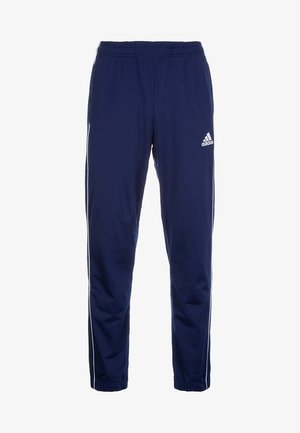 Pantalones deportivos Adidas azul marino con cintura elástica, piernas ajustadas, rayas blancas laterales y logo de Adidas en la parte superior del muslo izquierdo.